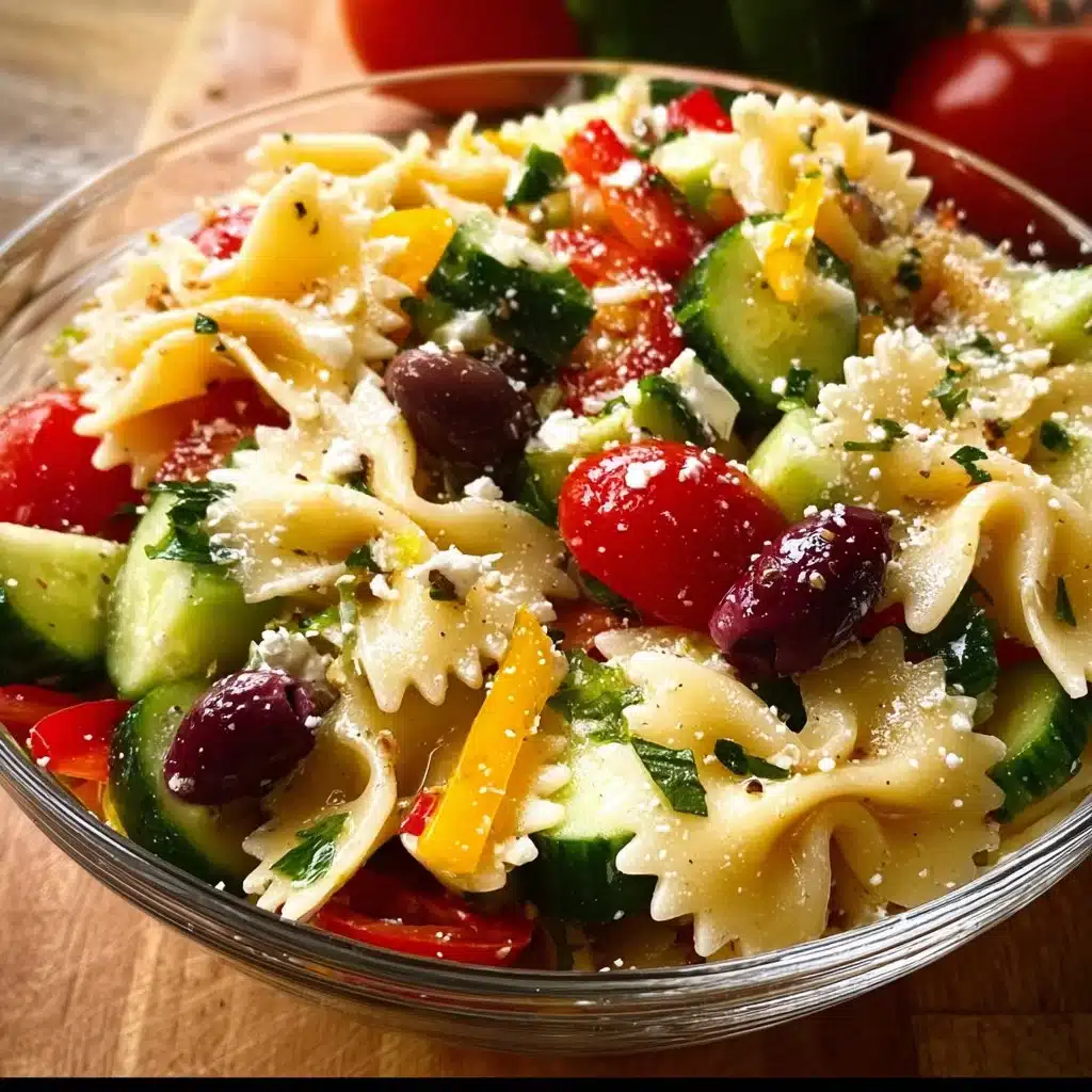 Bowl of easy Greek pasta salad with fresh vegetables and olives