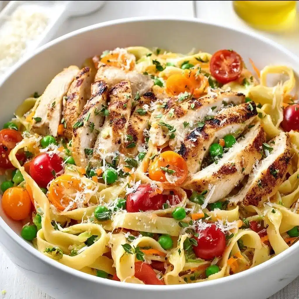 Colorful chicken pasta primavera with fresh vegetables and herbs
