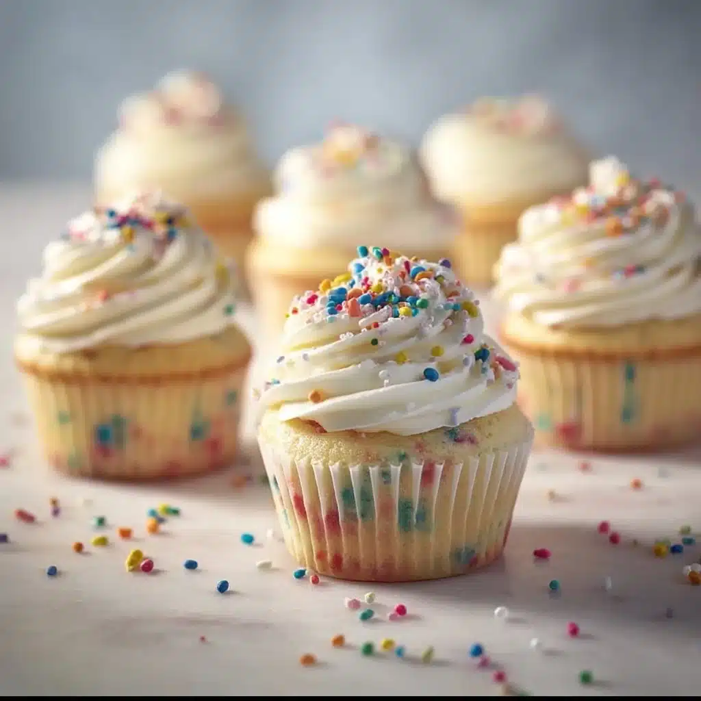 Delicious Funfetti Cupcakes topped with colorful sprinkles and frosting.