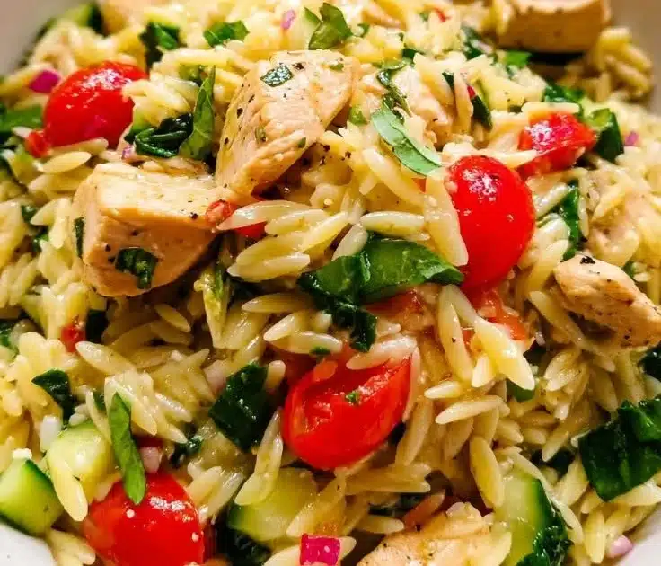 Plate of Greek lemon chicken served with orzo and lemon slices