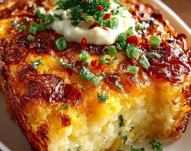 Delicious hashbrown breakfast casserole served on a plate