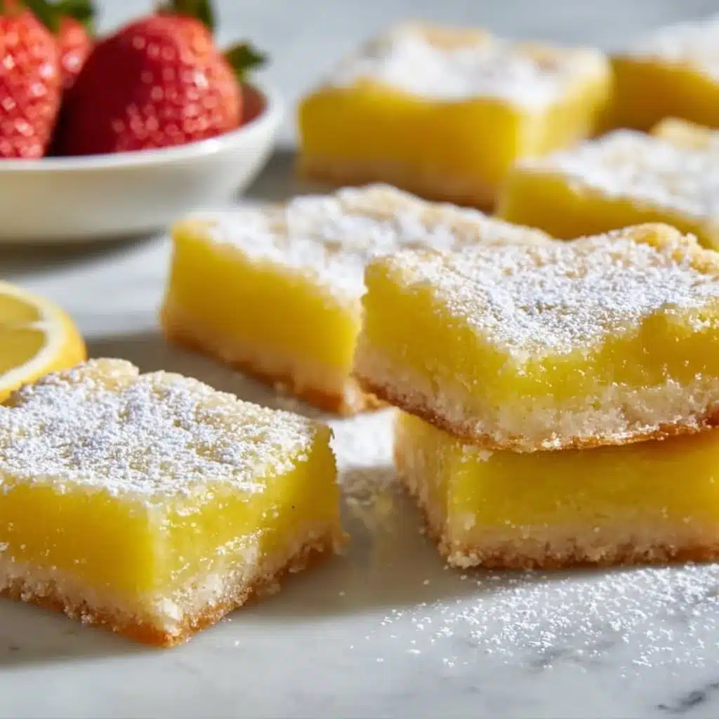 Freshly baked lemon bars with a dusting of powdered sugar on a white plate