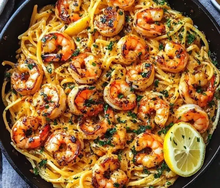 Lemon Garlic Butter Shrimp Pasta served in a bowl with fresh herbs
