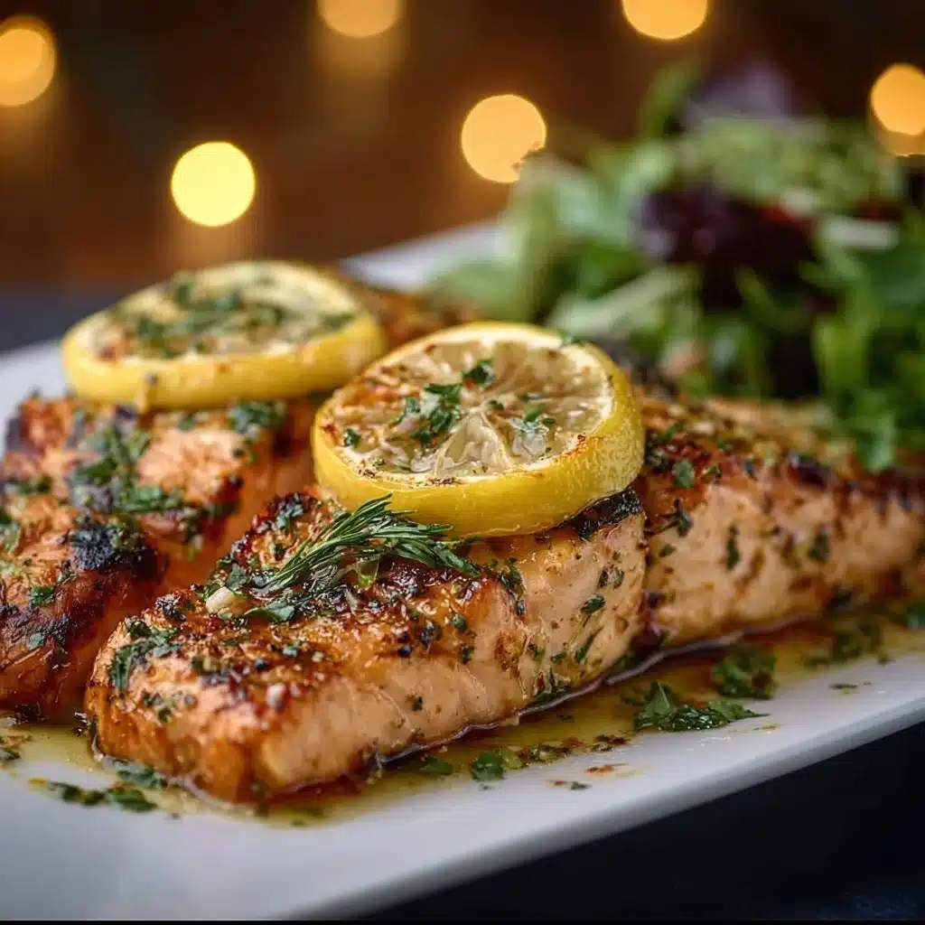 Delicious lemon grilled salmon garnished with fresh herbs on a plate