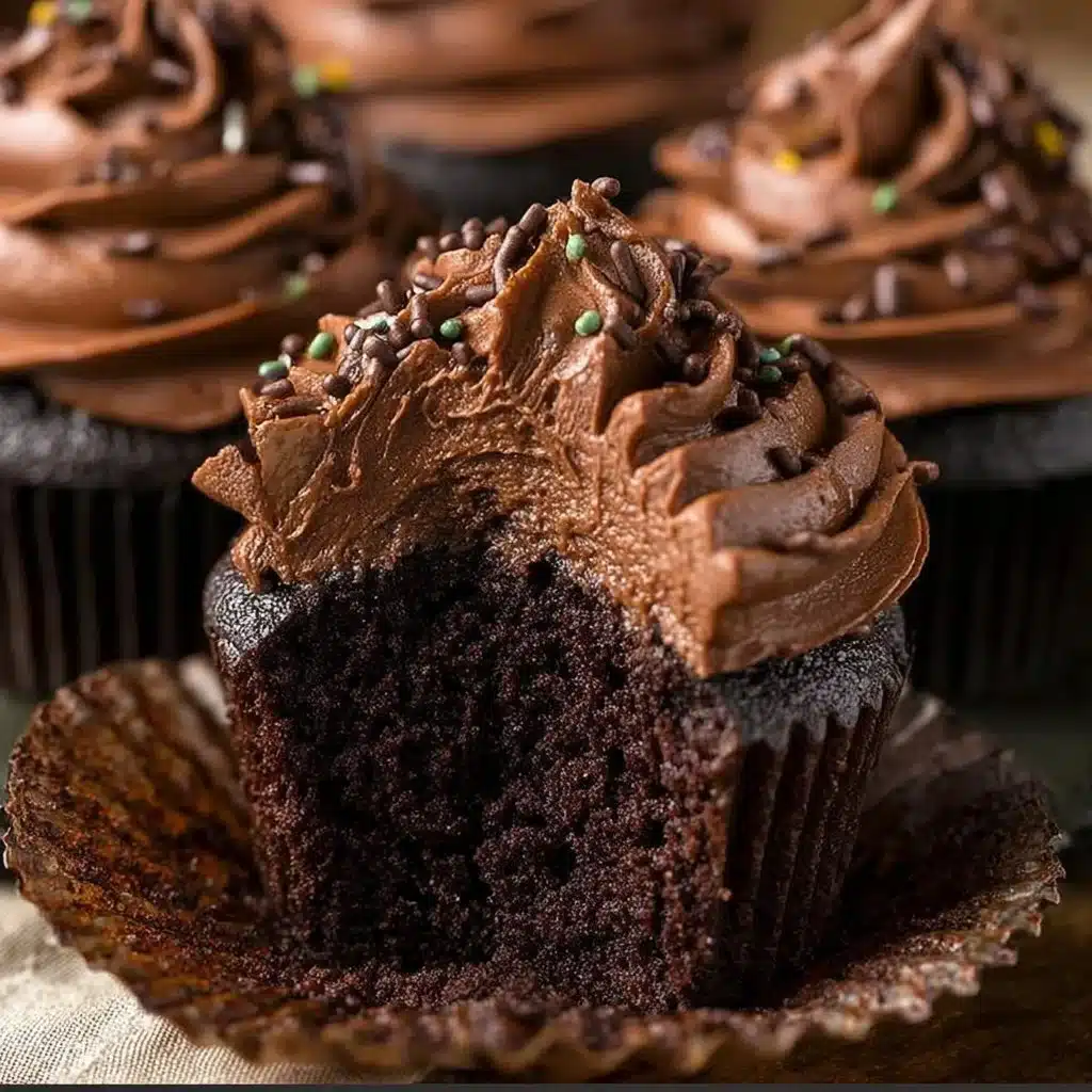 Moist chocolate cupcakes topped with chocolate frosting on a decorative plate.