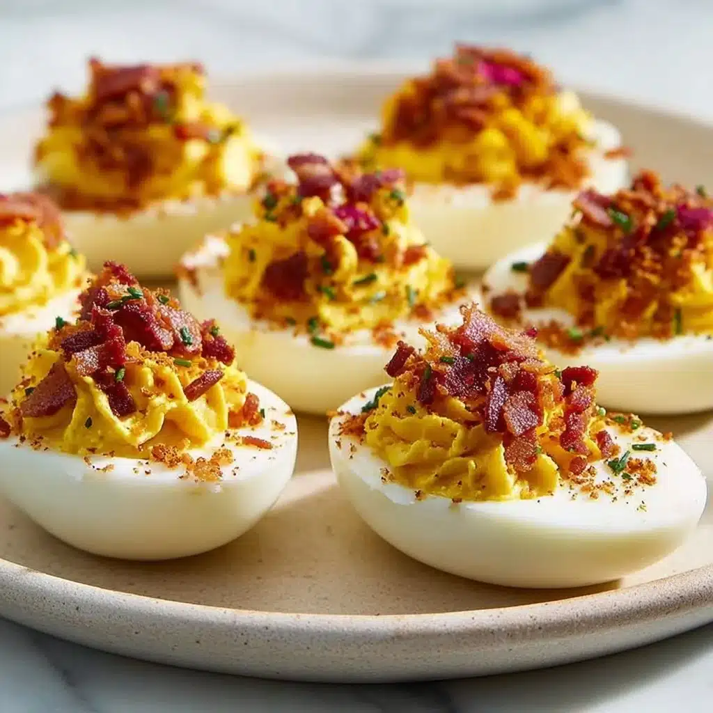 Delicious mustard deviled eggs garnished with herbs on a platter