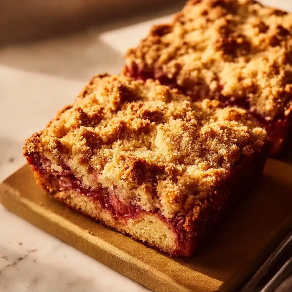 Homemade rhubarb coffee cake served with a cup of coffee