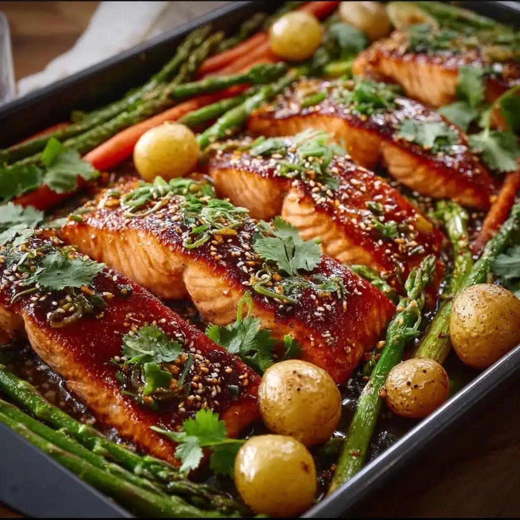 Sheet Pan Teriyaki Salmon with vibrant vegetables on a baking tray