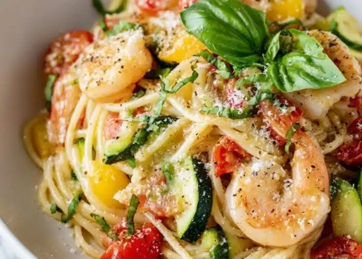 Delicious Shrimp Pasta Primavera with fresh vegetables and herbs