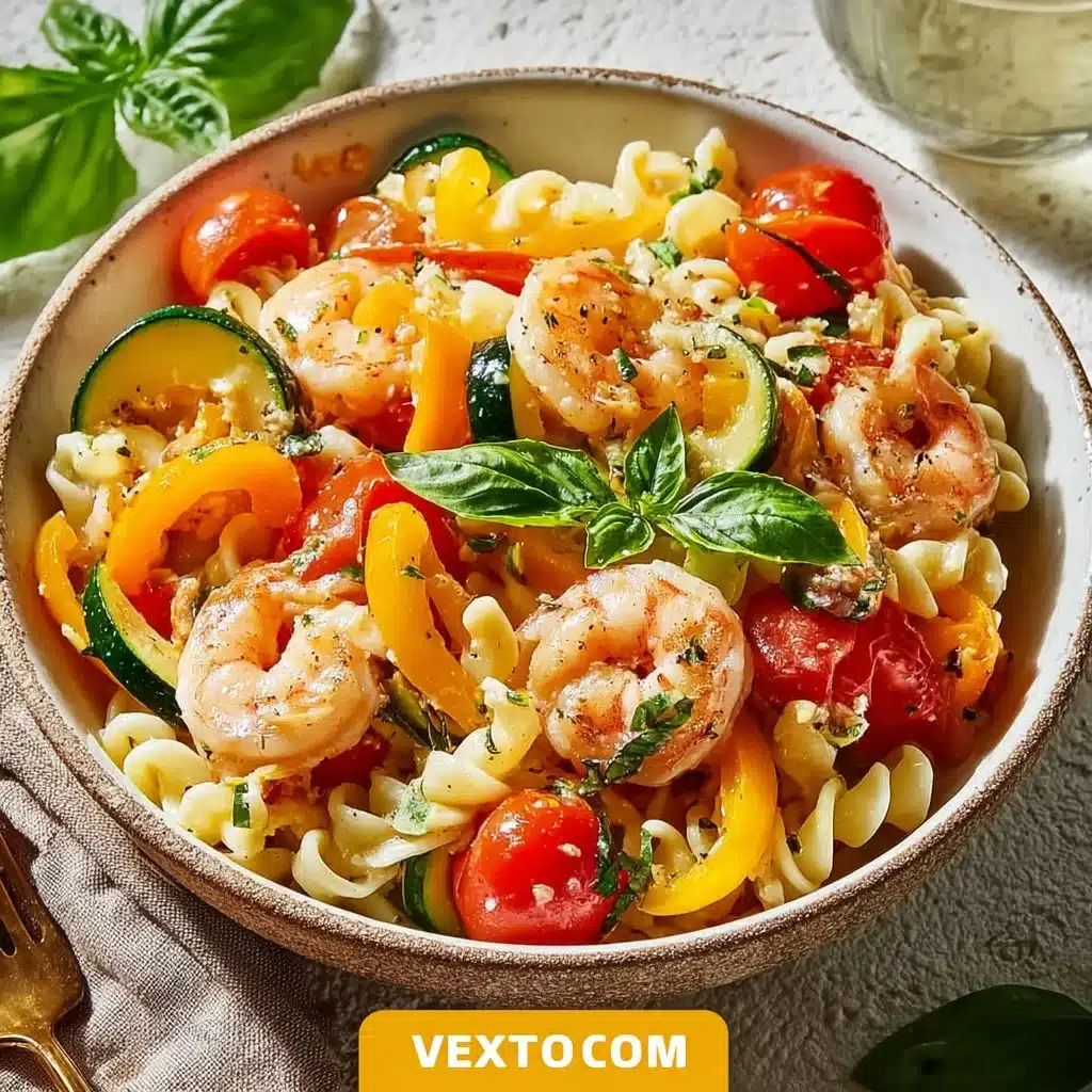Delicious Shrimp Primavera Pasta with vibrant vegetables and shrimp in a creamy sauce