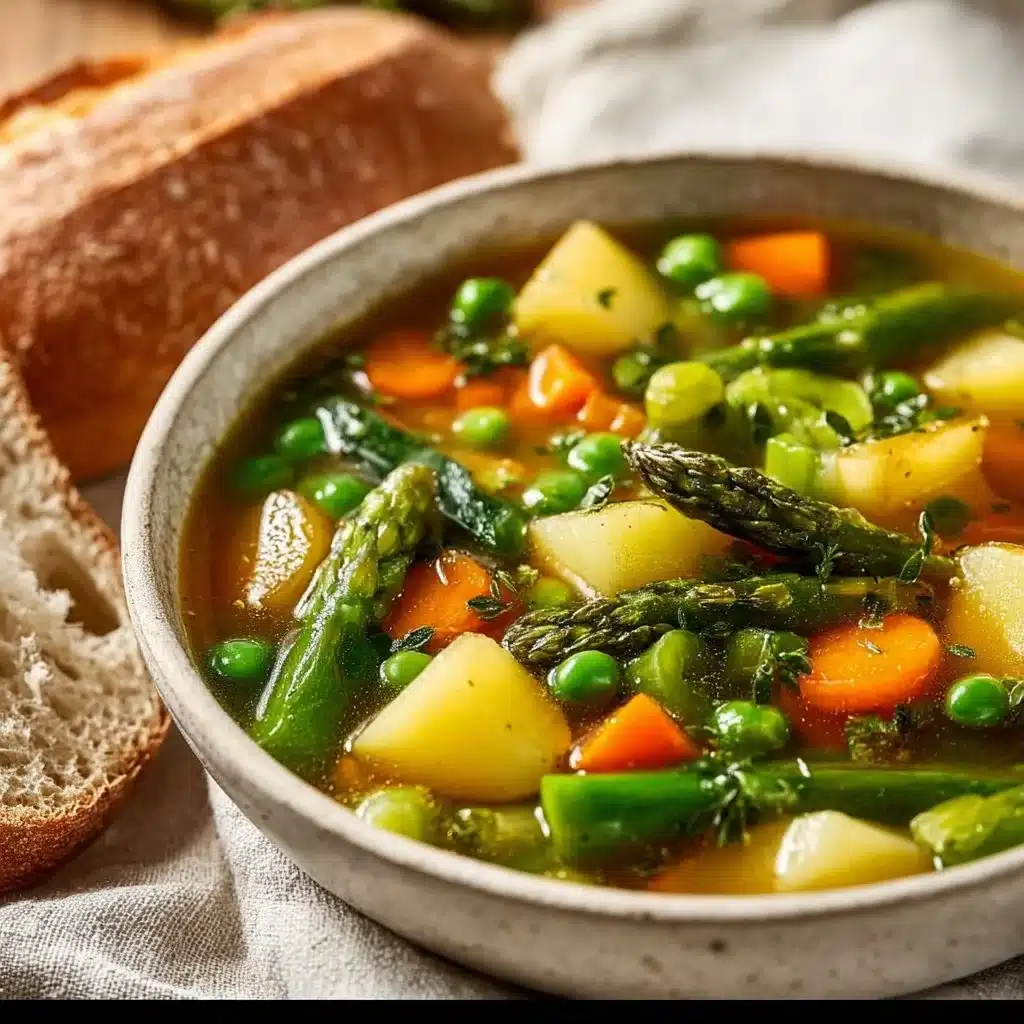 Bowl of vibrant Spring Vegetable Soup with fresh vegetables and herbs