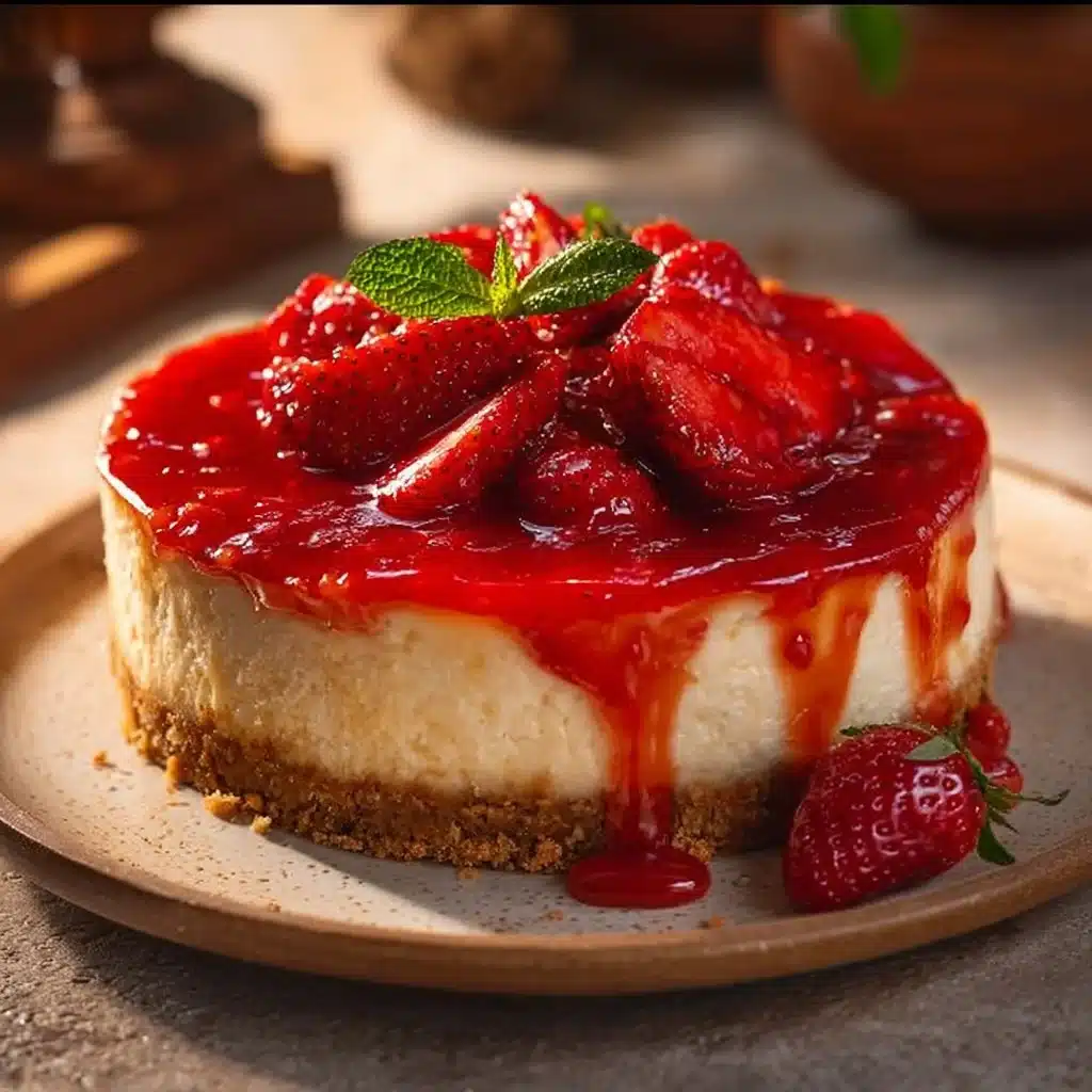 Delicious strawberry cheesecake topped with fresh strawberries and a graham cracker crust