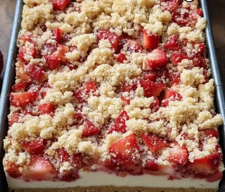Delicious strawberry cheesecake bars with fresh strawberries on top