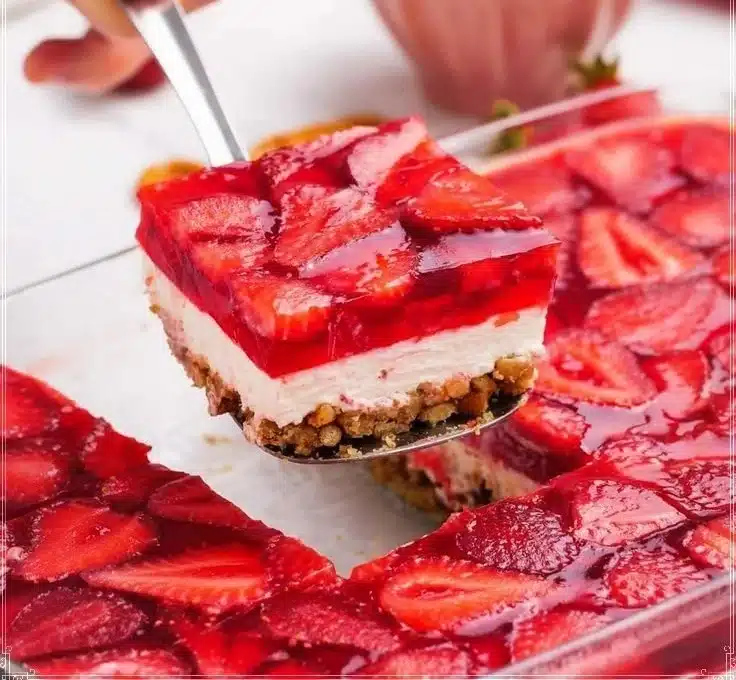 Delicious strawberry pretzel salad in a glass bowl, showcasing its layers.