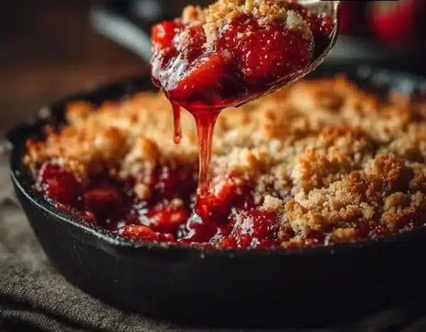 A delicious Strawberry Rhubarb Crisp topped with oats and served in a rustic dish.