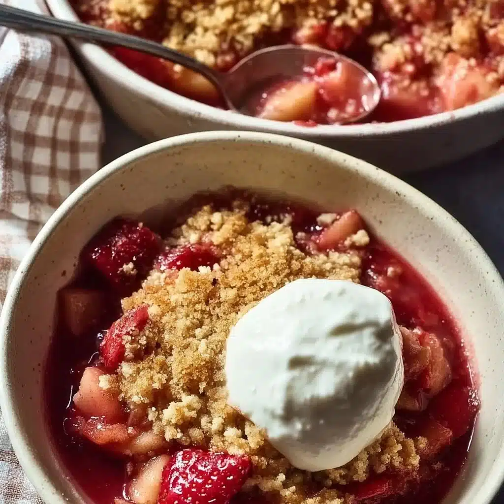 Strawberry Rhubarb Crumble dessert with fresh strawberries and rhubarb topping