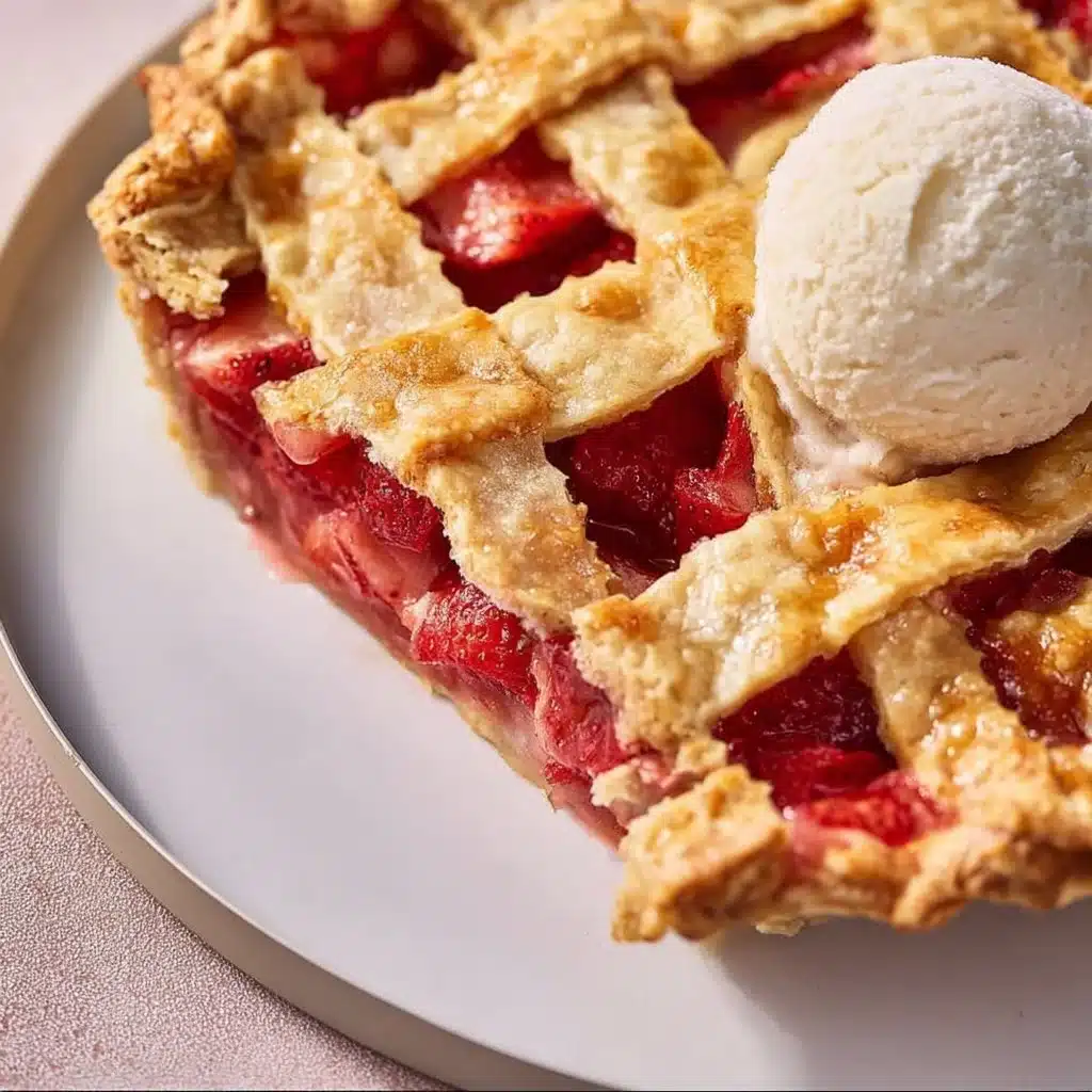 Freshly baked strawberry rhubarb pie with flaky crust and vibrant filling