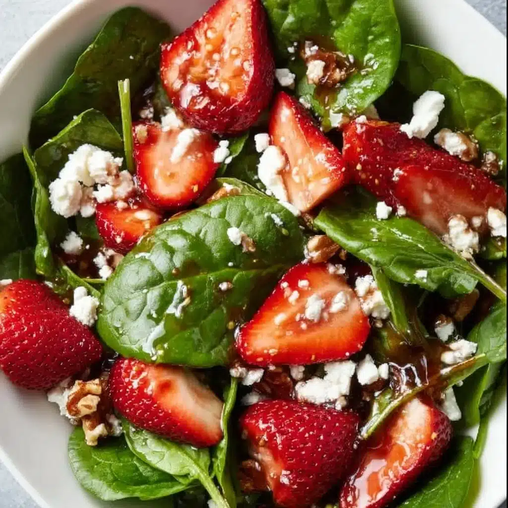 Strawberry spinach salad topped with balsamic glaze on a plate.