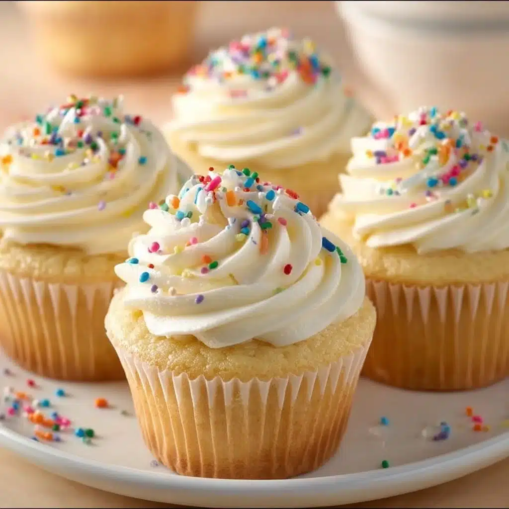 Delicious vanilla cupcakes with frosting on a decorative plate