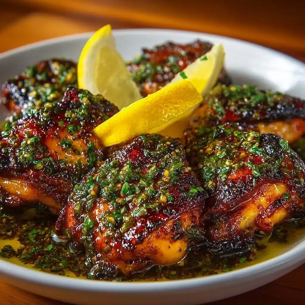 Plate of Greek Lemon Chicken garnished with herbs and lemon slices.