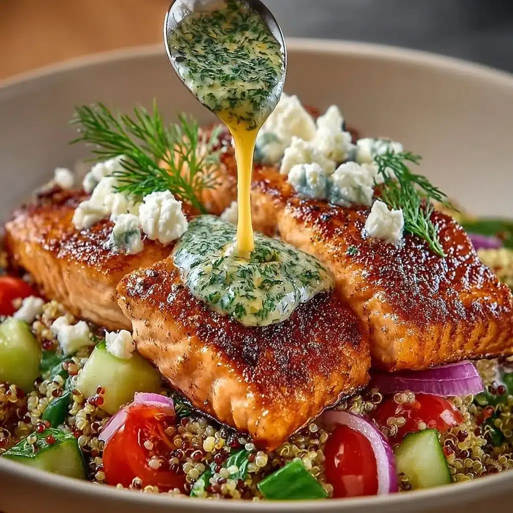 Mediterranean salmon rice bowl topped with fresh vegetables and herbs