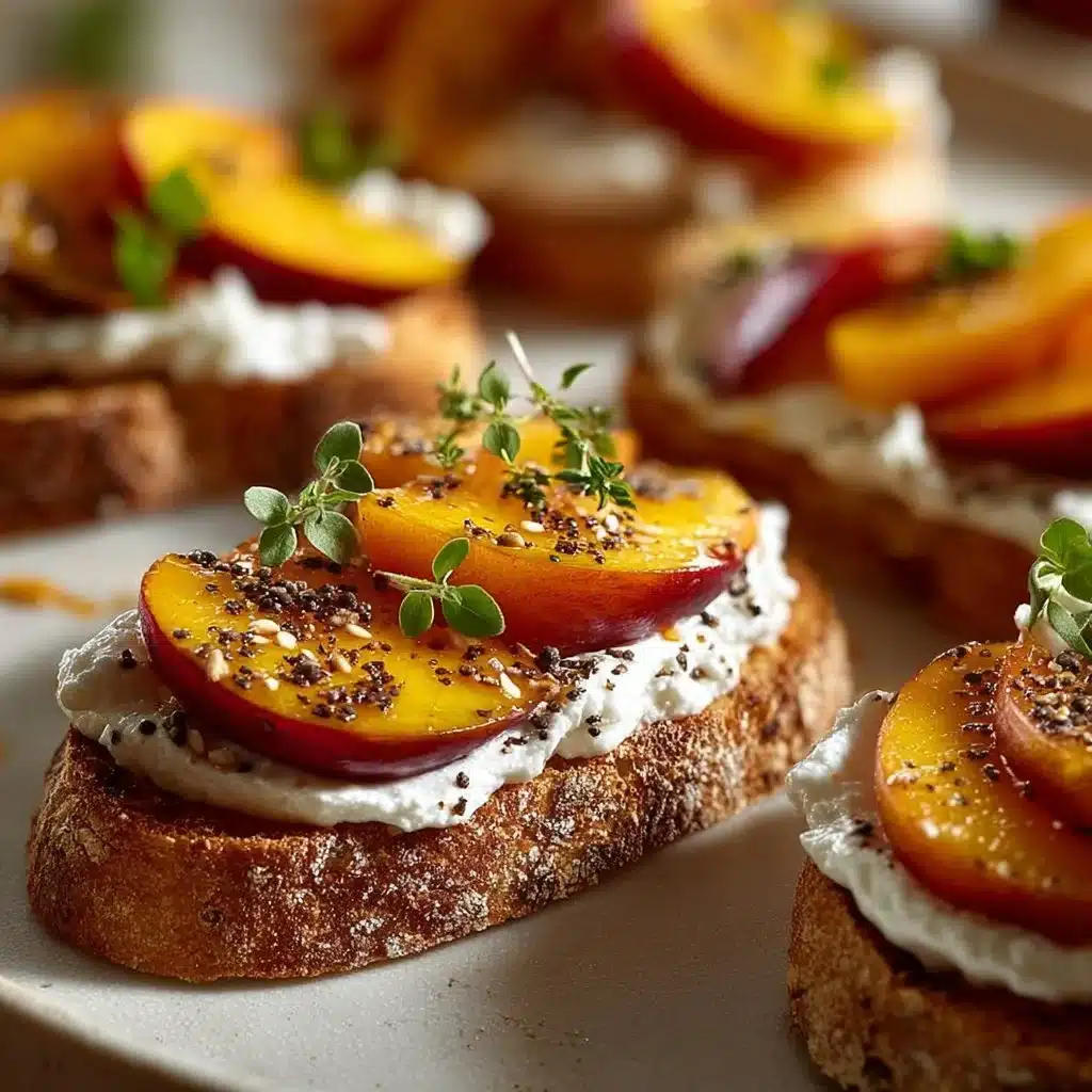 Gourmet Peach Burrata Crostini topped with basil on a rustic wood board