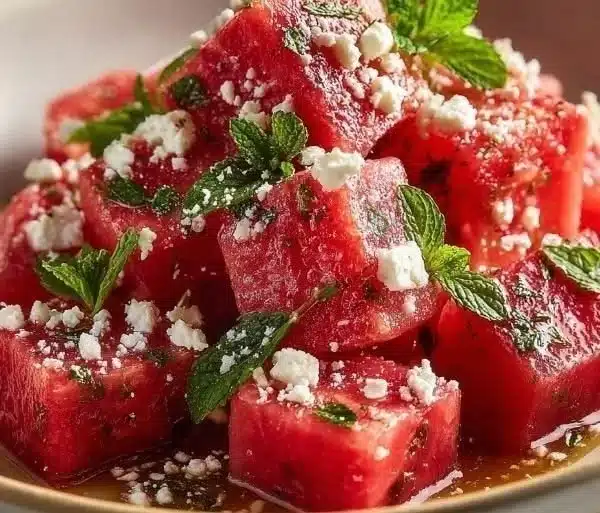 Colorful Watermelon Feta Mint Salad with fresh mint leaves and feta cheese