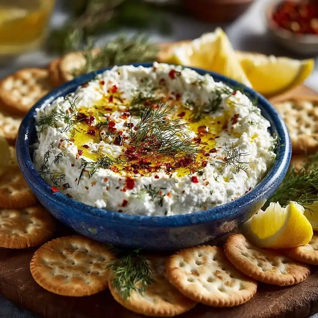 A delicious whipped feta dip served on a stylish board with fresh veggies and crackers.